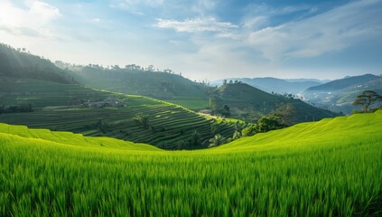 Obraz premium Agricultural scene of a rice paddock with rolling hills in the background, highlighting rural land use