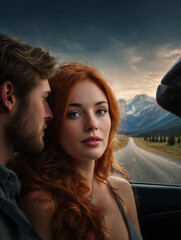 Couple enjoying road trip in convertible car