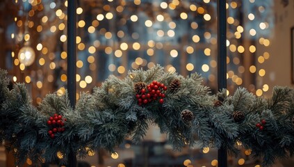Festive window scene with pine branches and berries, holiday decor