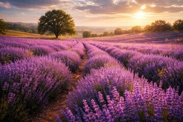 Obraz premium Wide lavender fields bursting with color on warm summer day