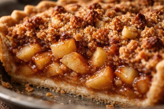 Zoomed-in look at an apple pie showcasing a crunchy topping with diced apples and a luscious sweet interior