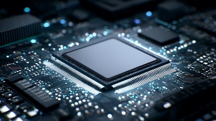 Close-up of a central processing unit (CPU) on a circuit board. Detailed, futuristic design