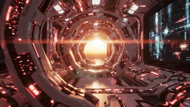 A futuristic corridor is illuminated by bright lights, leading to a radiant portal. The corridor and portal create an intriguing scene filled with technology and light.