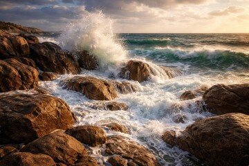 Obraz premium Natural seaside landscape showing stones enduring relentless wave erosion forces