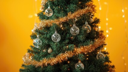 Christmas tree detail with green branches, gold accents, and winter lighting, festive pattern background