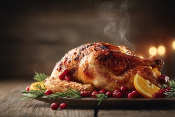 Roasted turkey with garnishes on wooden board