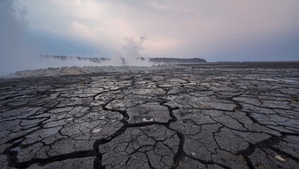 Geothermal gas-formed cracked mud on terrain with sky in spring, illustrating land surface texture