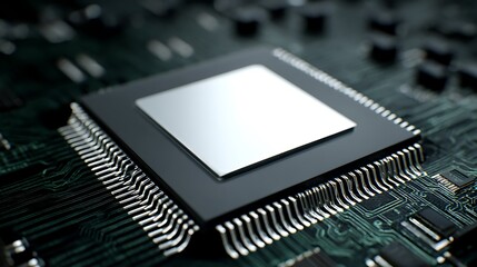 Close-up of a central processing unit (CPU) on a circuit board, showcasing tech detail