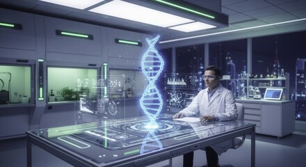 Male Scientist in Futuristic Lab Analyzing Holographic DNA and Genetic Data on Transparent Display Table, Showcasing Advanced Biotechnology Research