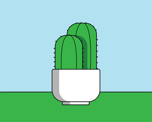 Minimal flat vector illustration of green cactus in white ceramic pot on pastel blue background, modern houseplant icon design for home decor, UI, app and web graphics