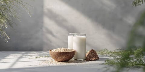 Side view of a gray backdrop with a breakfast setup including milk, oats, and breadcrumbs, suitable for editorial backgrounds