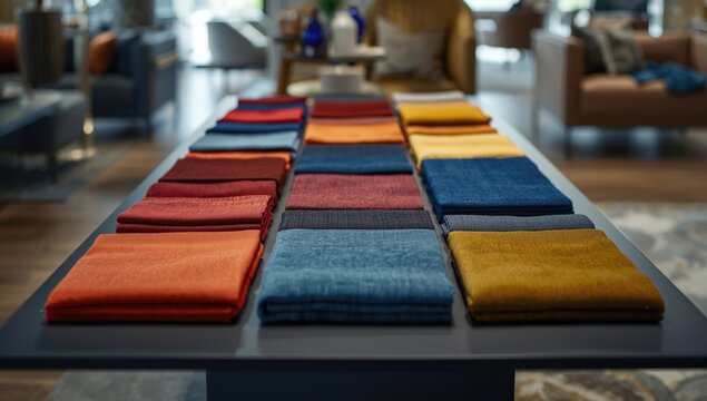 Assorted sofa fabric swatches displayed in a retail setting, used for furniture customization and decor planning