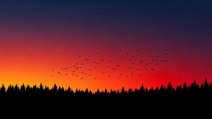 Silhouetted flock of birds flying at dusk against dense treetops