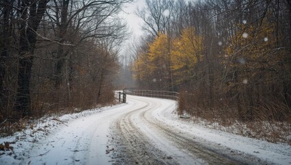 Obraz premium Frosted pathway amidst leafless trees during late autumn, illustrating seasonal change