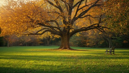 Fototapeta premium Forest landscape during autumn with colorful foliage, trees, and ground cover in natural light