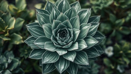 Detailed view of a green leaf rosette with white streaks from Mexico, used as a botanical specimen in an urban conservatory