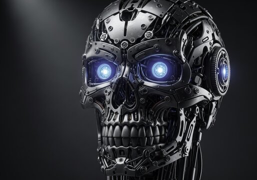 Metallic Robotic Endoskeleton Head with Glowing Blue Eyes: A Detailed Sci-Fi Vision of Advanced Mechanical Engineering and Artificial Intelligence