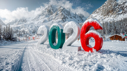 2026 Winter Olympics giant 3D numbers in Italian flag colors on snowy mountain ski resort landscape with Dolomite peaks and ski trails in Cortina d'Ampezzo Italy