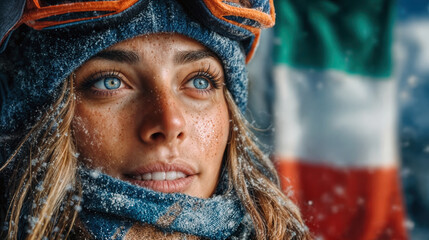 Close up of young woman in winter sportswear with Italian flag colors on face and background, snowflakes on skin, cold mountain atmosphere for Winter Olympics 2026 in Italy