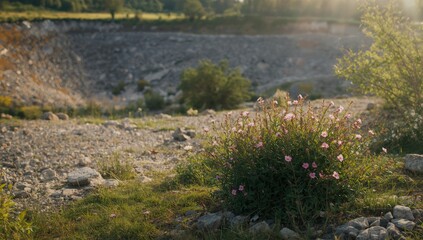 Naklejka premium Dogrose plants thriving on a gravel quarry slope, illustrating erosion risk and plant resilience