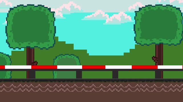 Animation of a pixel art scene with a race track with trees, art, vintage, pixel.