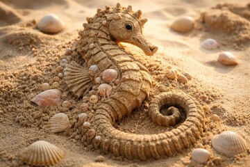 Obraz premium Detailed seahorse figure sculpted from sand with seashells on a light backdrop