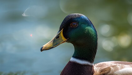 Obraz premium Mallard duck headshot highlighting vibrant feather coloration, useful for nature photography backgrounds