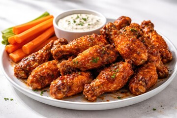 Fototapeta premium Spicy buffalo wings arranged with carrots and ranch on white backdrop