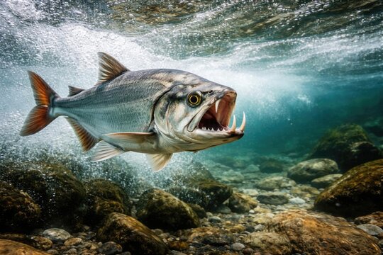 Energetic Payara fish active in brisk freshwater flow with copy space for text