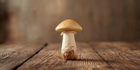Detailed view of a ginseng mushroom placed on a wooden table, highlighting natural herbal remedy collection
