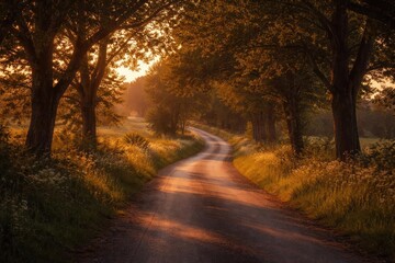Obraz premium Long meandering country road framed by summer trees and bathed in soft evening hues