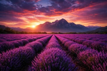 Sunset sky casting vibrant colors across lavender fields and mountain range