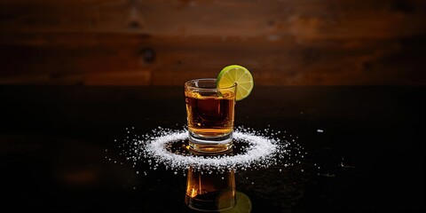 Tequila shot with lime and sea salt on black table, highlighting party setting and casual consumption