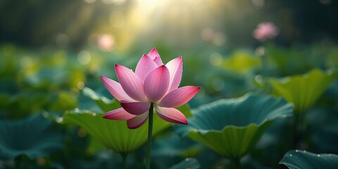 Fototapeta premium Pink lotus flower opening, highlighting aquatic plant growth for environmental awareness