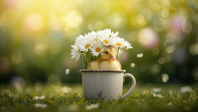 Young duckling with a daisy bouquet in a can, focusing on adorable animal display - Powered by Adobe