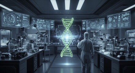 Scientist Interacting with Holographic DNA Double Helix in Futuristic Biotechnology Research Laboratory