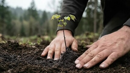 Sustainable business perspective strategies concept. Hands planting a young seedling into the soil.