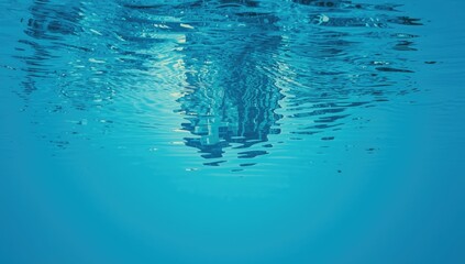 Water surface featuring ripples and abstract reflection with distorted cityscape and house images, blue reflex background