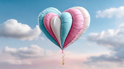 Fototapeta premium A colorful heart-shaped balloon floats against a serene sky, surrounded by fluffy clouds, evoking feelings of love and joy.