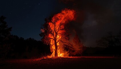 Fototapeta premium Wildfire engulfing a tree in intense red and orange flames, highlighting wildfire risk, Earth Day
