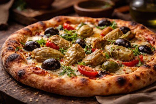 Side perspective of a gourmet Italian pizza with artichokes and olives
