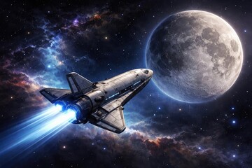 Advanced space shuttle navigating through space to the moon