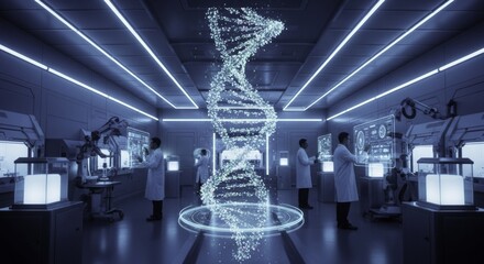 Futuristic Biotechnology Lab with Scientists Studying Luminous Holographic DNA Double Helix Display