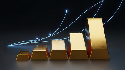 Golden bars represent business growth with glowing lines on dark background