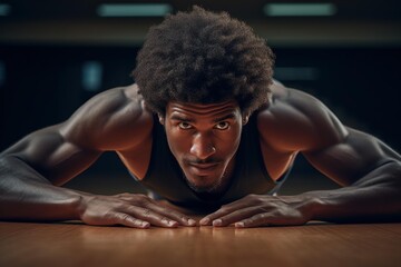 Muscular man with afro hair performing a close up push up on a wooden floor, looking forward