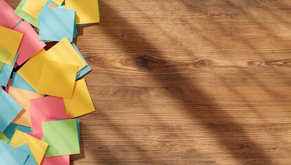 Colorful Post-it notes arranged on a wooden background for planning and note-taking, task management
