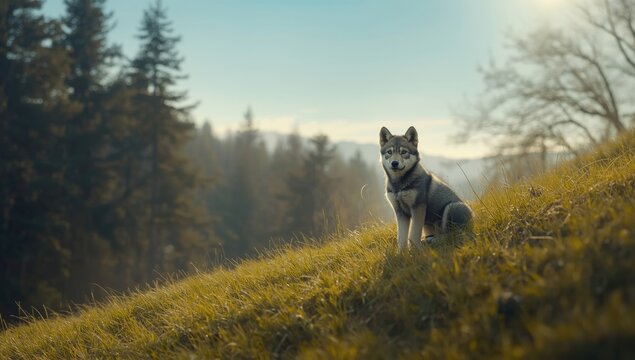 Young grey wolf pup in its outdoor den, highlighting wildlife conservation and animal development