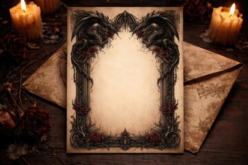 Blank personalized wedding invitation template with gothic dragon theme and vintage envelope