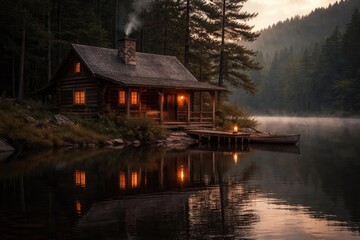 Fototapeta premium Old fashioned photo capturing a rustic home by a still lake environment
