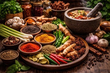 Fototapeta premium Traditional Asian spice fusion applied in cooking and herbal medicine